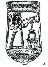 Mana ve Media medeniyetlerinin hakim olduğu sahalarda bulunan bir kap-kacakta  elinde saz aleti bulunan şahıs tasviri. M.Ö. 9-5. yüzyıl.jpg