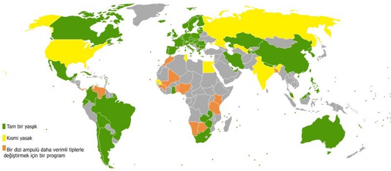 Şekil 4. Dünyada akkor lamba kullanımını yasaklayan, kısmen yasaklayan ve daha verimli tiplerle değiştirme programı uygulayan ülkeler .jpg