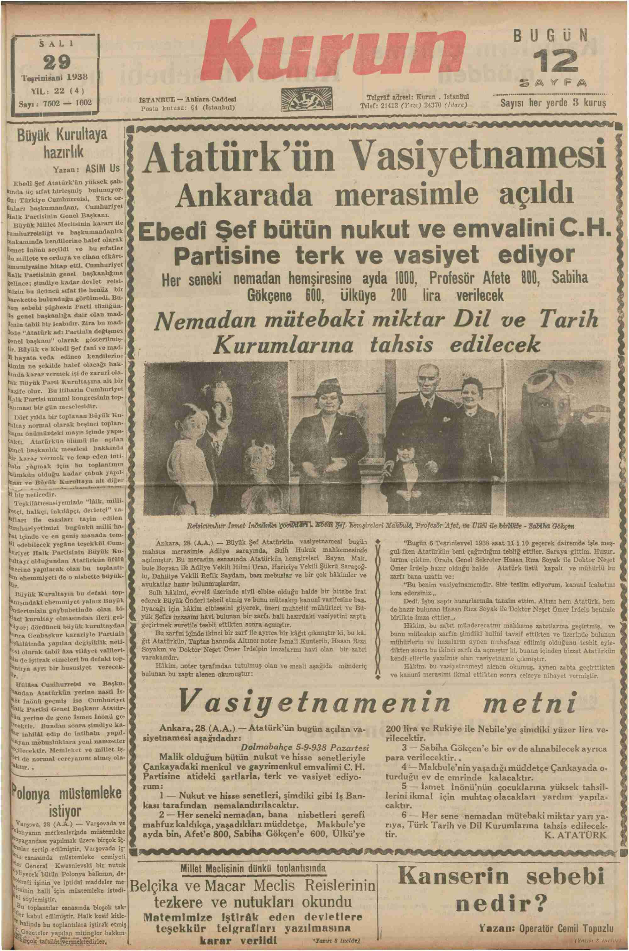 29 Kasım 1938 Tarihli Kurun.jpg